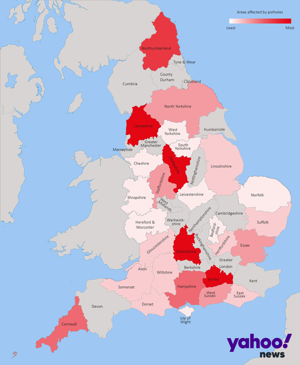 The areas most affected by potholes (red is the most). (Yahoo News)