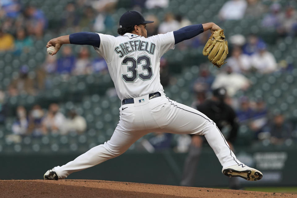 Seattle Mariners starting pitcher Justus Sheffield throws against the Los Angeles Dodgers during the first inning of a baseball game, Monday, April 19, 2021, in Seattle. (AP Photo/Ted S. Warren)