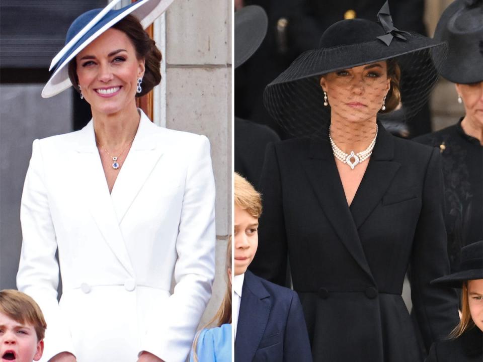 A side-by-side of Kate Middleton at the Queen's Jubilee and the Queen's funeral.