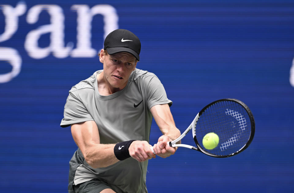 NEW YORK, NEW YORK - AUGUST 29: Jannik Sinner of Italy in action agaisnt Alex Michelsen (not seen) of the United States during their Men's Singles Second Round match on Day Four of the 2024 US Open at USTA Billie Jean King National Tennis Center on August 29, 2024 in the Flushing neighborhood of the Queens borough of New York City. (Photo by Fatih Aktas/Anadolu via Getty Images)