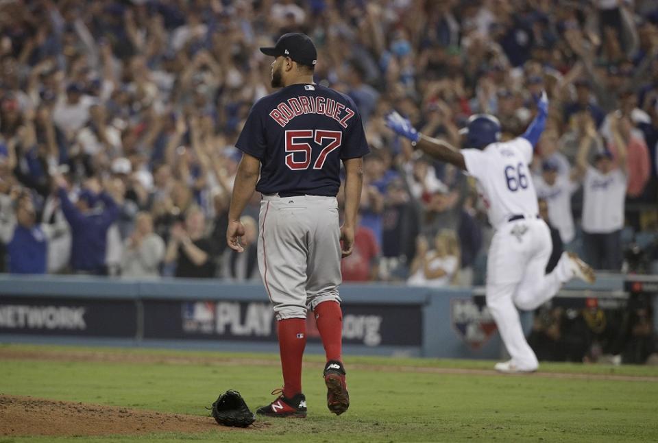 Red Sox pitcher Eduardo Rodriguez looks on after Yasiel Puig’s three-run homer in World Series Game 4. (AP)