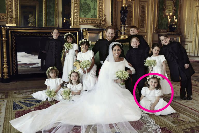 <p>Um, what happened to Florence van Cutsem's bouquet? Turns out, one of the bridesmaids (Ivy Mulroney) didn't have a bouquet of her own since it was her responsibility to hold <a rel="nofollow noopener" href="https://www.goodhousekeeping.com/life/a20757478/meghan-markle-princess-diana-wedding-bouquet/" target="_blank" data-ylk="slk:Meghan's bouquet;elm:context_link;itc:0;sec:content-canvas" class="link ">Meghan's bouquet</a> during the ceremony. When it came time for photos, they were still short one bouquet - and Florence went without. TBH she looks totally happy sans flowers. </p>