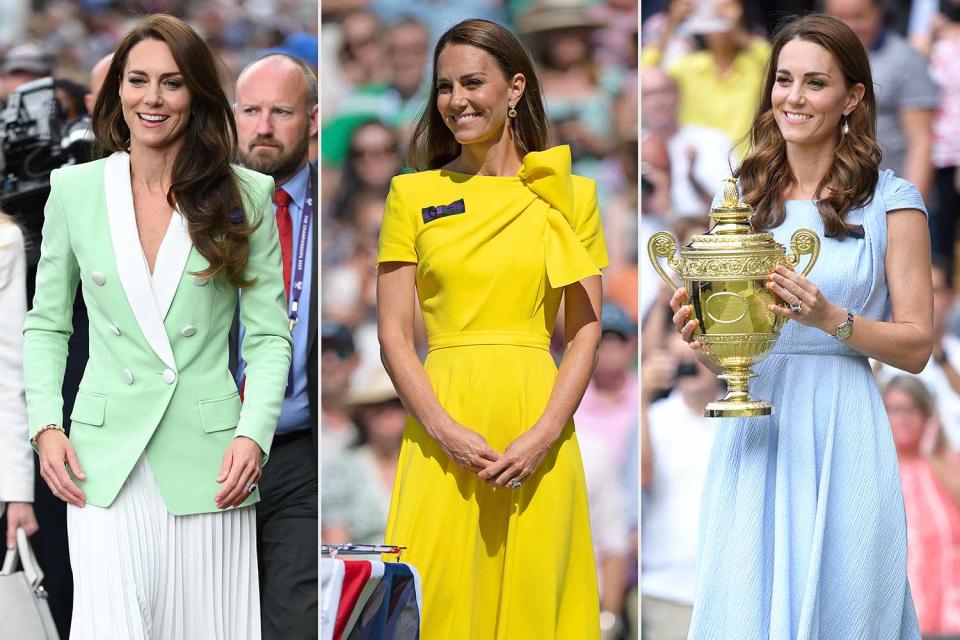 <p>Getty (3)</p> Kate Middleton, the Princess of Wales attends the Wimbledon tennis tournament in London in 2023, 2022 and 2019.