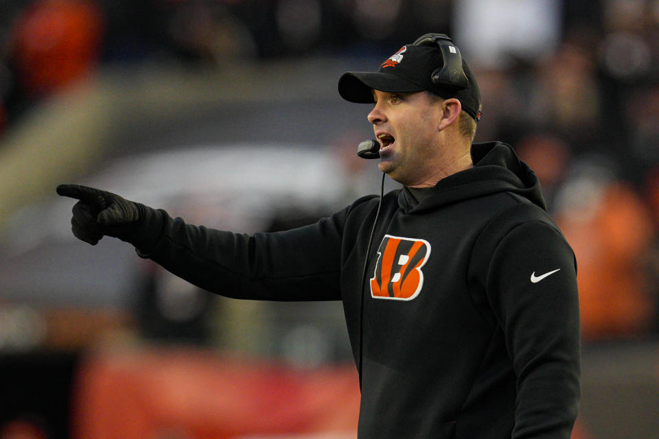 Cincinnati Bengals head coach Zac Taylor gestures on the sidelines in the first half of an NFL football game against the Kansas City Chiefs in Cincinnati, Sunday, Dec. 4, 2022. (AP Photo/Jeff Dean)