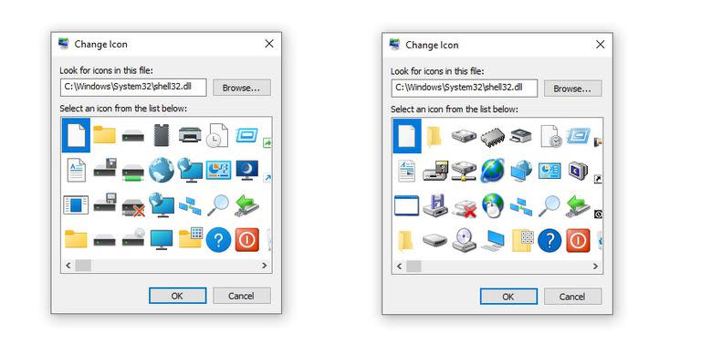 A la izquierda, algunos de los iconos nuevos que comienzan a aparecer en las versiones de desarrollo de Windows 10, y que mantenían el mismo aspecto que cuando publicaron Windows 95, hace un cuarto de siglo