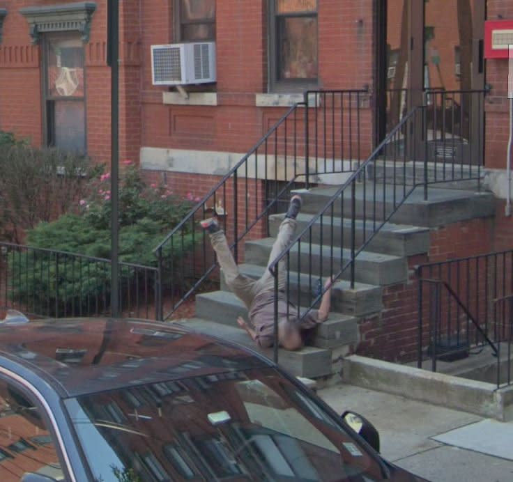The Google Maps car captured this unfortunate man falling down the stairs in Willow Avenue, New Jersey.