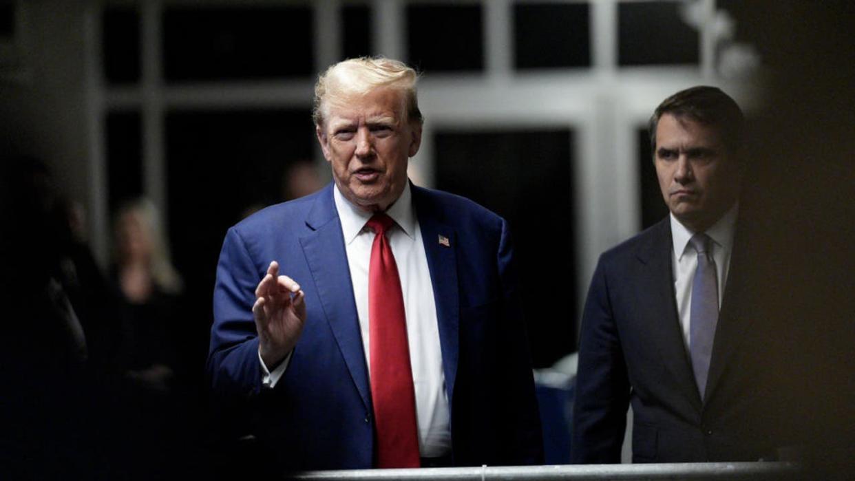 <div>Former US President Donald Trump, center left, and Todd Blanche, attorney for former US President Donald Trump, center right, at Manhattan criminal court in New York, US, on Friday, May 10, 2024. Trump faces 34 felony counts of falsifying business records as part of an alleged scheme to silence claims of extramarital sexual encounters during his 2016 presidential campaign. Photographer: Curtis Means/Daily Mail/Bloomberg via Getty Images</div>