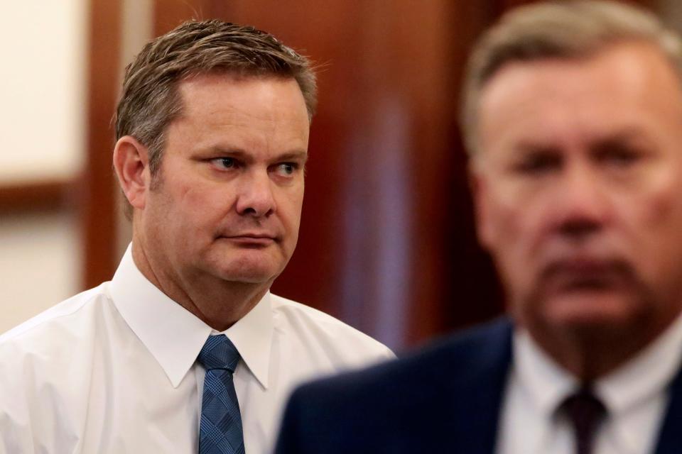 Chad Daybell enters the courtroom during his preliminary hearing in St. Anthony, Idaho, on Monday, August 3, 2020. A detective Monday described in excruciating details how investigators unearthed the remains of two children who had been missing for months while searching the rural Idaho property of a man charged with concealing evidence.