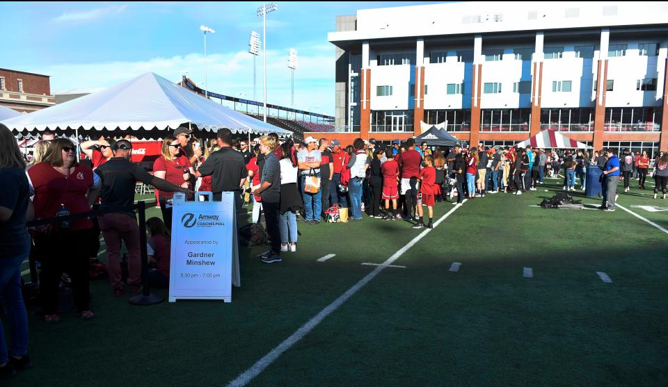 Sep 21, 2019; Pullman, WA, USA; Washington State Cougars fans wait for Jacksonville Jaguars quarterback Gardner Minshew to show before a game against the UCLA Bruins at Martin Stadium. Mandatory Credit: James Snook-USA TODAY Sports