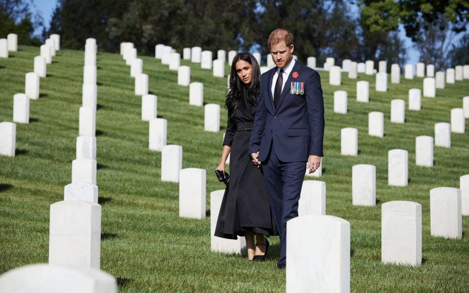 The Duke and Duchess of Sussex during a private visit to the Los Angeles National Cemetery on Remembrance Sunday - PA