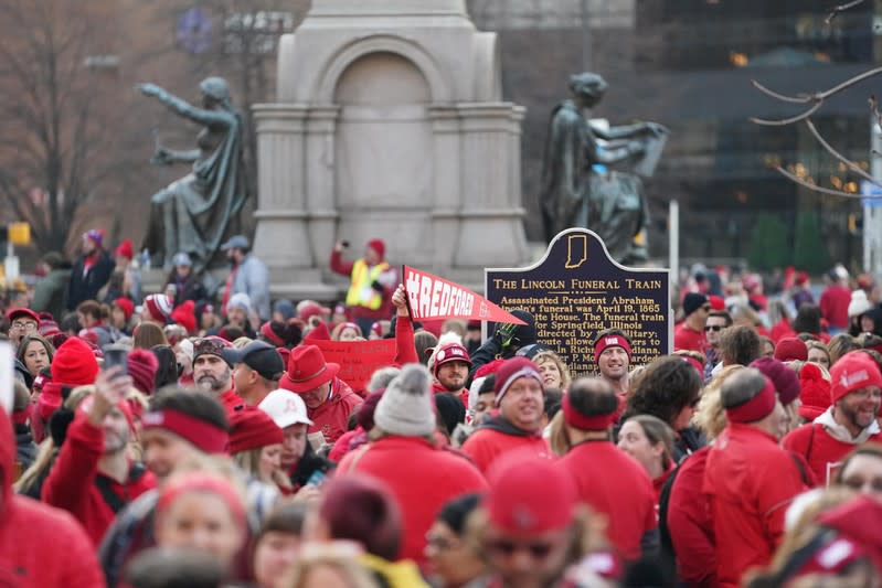 People gather as teachers hold a one day walkout at the statehouse in Indianapolis