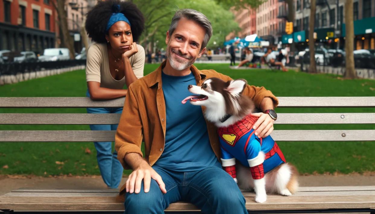 A man sitting on a bench with his dog dressed in a tight and uncomfortable-looking outfit while a woman looks over in disapproval