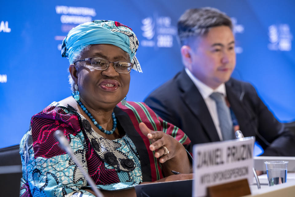 Nigeria's Ngozi Okonjo-Iweala, left, director general of the World Trade Organization (WTO) and the 12th Ministerial Conference (MC12) Chair Timur Suleimenov speak at a press conference after the closing of MC12 at the headquarters of WTO in Geneva, Switzerland, Friday, June 17, 2022. (Martial Trezzini/Keystone via AP)