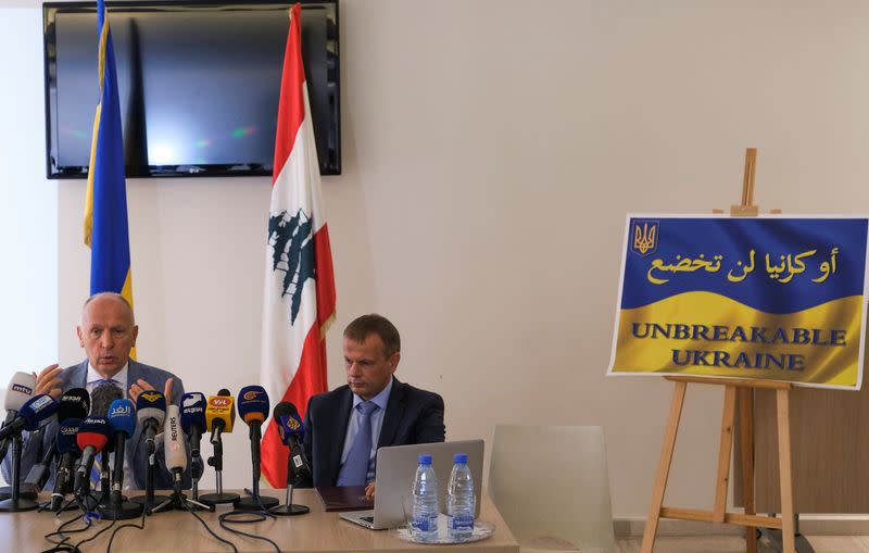 Ukraine's ambassador to Lebanon, Ihor Ostash, gestures during a news conference at the Ukrainian Embassy, in Baabda