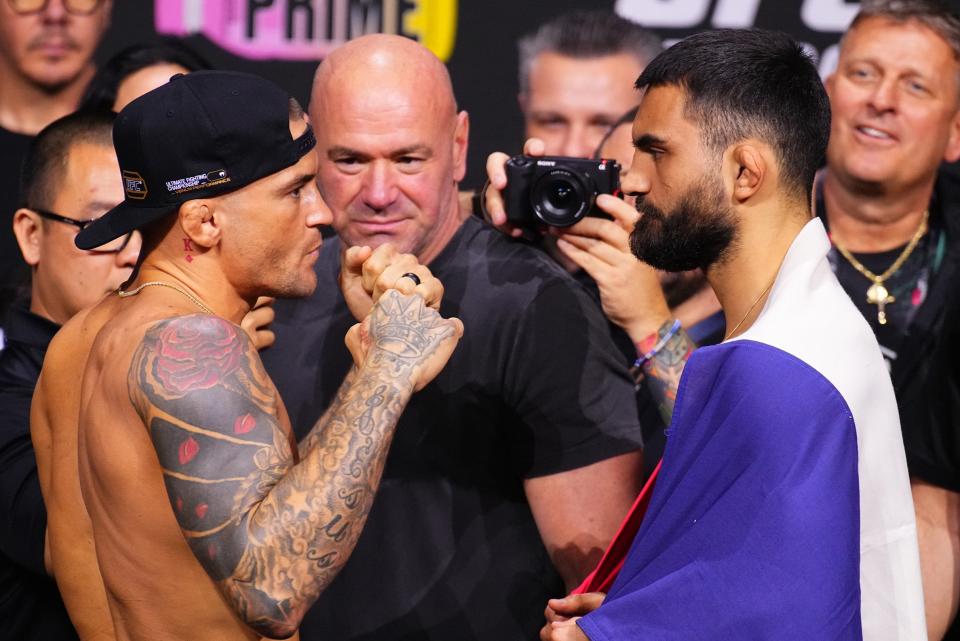 Dustin Poirier will fight rising French contender Benoit Saint-Denis (right) (Zuffa LLC via Getty Images)