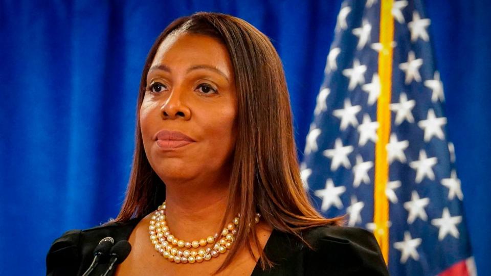 PHOTO: New York Attorney General Letitia James speaks during a news briefing, Feb. 16, 2024, in New York. (Bebeto Matthews/AP)