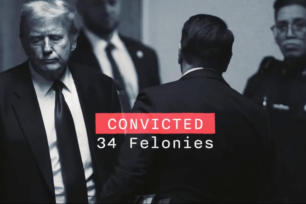 A screengrab from the Biden campaign's new ad focuses on Donald Trump's conviction. It features an image of Trump at the Manhattan Criminal Courthouse with the words: Convicted 34 Felonies