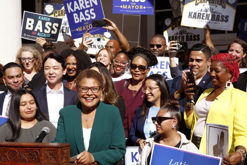 LOS ANGELES, CA - NOVEMBER 17, 2022 - - Los Angeles Mayor Elect U.S. Rep. Karen Bass, addresses the crowd at the Wilshire Ebell Theater in Los Angeles on November 17, 2022. Bass is the first woman mayor of Los Angeles, {UC} 17: in Los Angeles on Thursday, Nov. 17, 2022 in Los Angeles, CA. (Genaro Molina / Los Angeles Times)