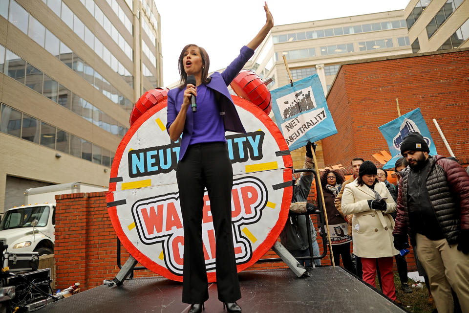 Protesters rally at FCC against repeal of net neutrality rules