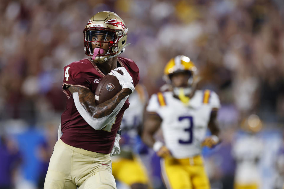 Florida State's Keon Coleman runs downfield for a 40-yard touchdown against LSU on Sept. 3. (Joe Robbins/Icon Sportswire via Getty Images)