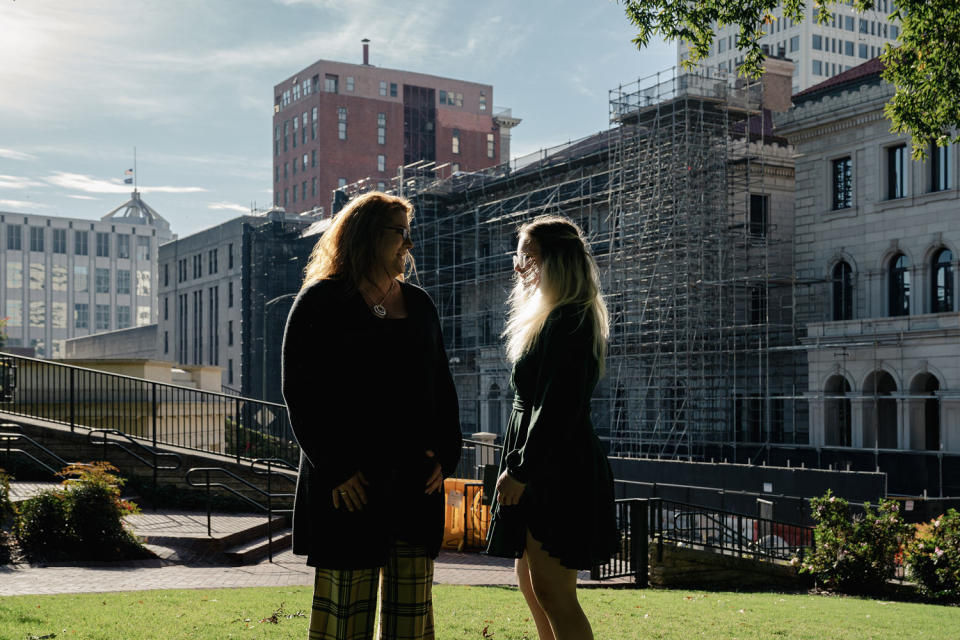 Becky Pepper-Jackson, 13,  jokes with her mother, Heather Jackson, near the U.S. Court of Appeals for the Fourth Circuit after a hearing in Richmond, Va. on Oct. 27, 2023. (Shuran Huang for NBC News)