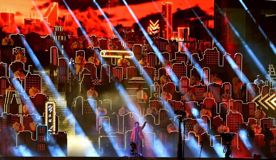 TAMPA, FLORIDA - FEBRUARY 07: The Weeknd performs onstage during the Pepsi Super Bowl LV Halftime Show at Raymond James Stadium on February 07, 2021 in Tampa, Florida. (Photo by Kevin Mazur/Getty Images for TW)