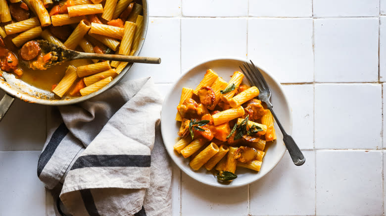 smoked pumpkin sausage pasta on plate