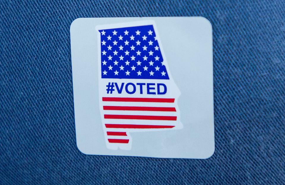 An I voted sticker from the runoff election in Montgomery, Ala., on Tuesday, July 14, 2020.