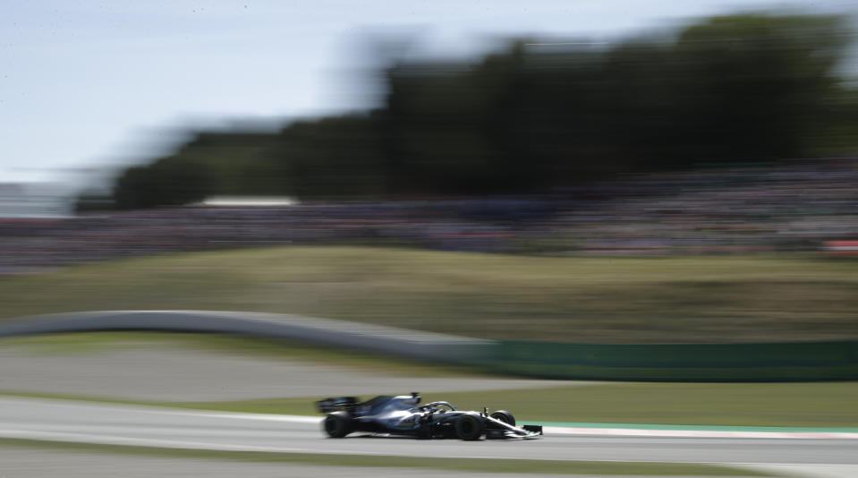 Mercedes driver Lewis Hamilton of Britain steers his car during the Spanish Formula One race at the Barcelona Catalunya racetrack in Montmelo, just outside Barcelona, Spain, Sunday, May 12, 2019. (AP Photo/Emilio Morenatti)