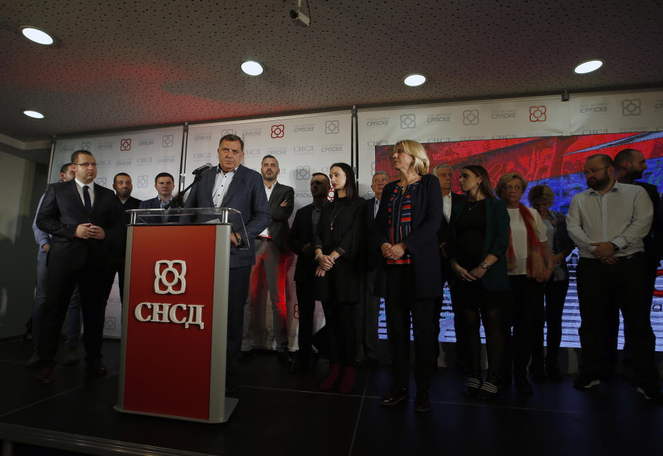 Milorad Dodik, president of the Republic of Srpska, speaks during a news conference after claiming victory in the Bosnian town of Banja Luka, 240 kilometers northwest of Sarajevo, Sunday, Oct. 7, 2018. Dodik has declared victory in the race to fill the Serb seat in Bosnia's three-member presidency. (AP Photo/Darko Vojinovic)