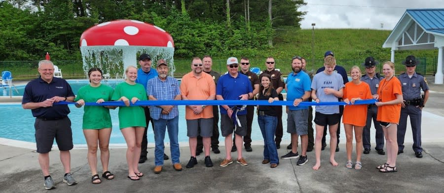 Board members Dickie Morgan, Stacy Terry, and Chairman Brian W. Vaught were joined by county administration, pool staff, Parks & Recreation staff, Wythe County Emergency Services, Wythe County Sheriff’s Office, Virginia Department of Wildlife Resources and Virginia State Police troopers on May 18. (Photo Courtesy: Wythe County)