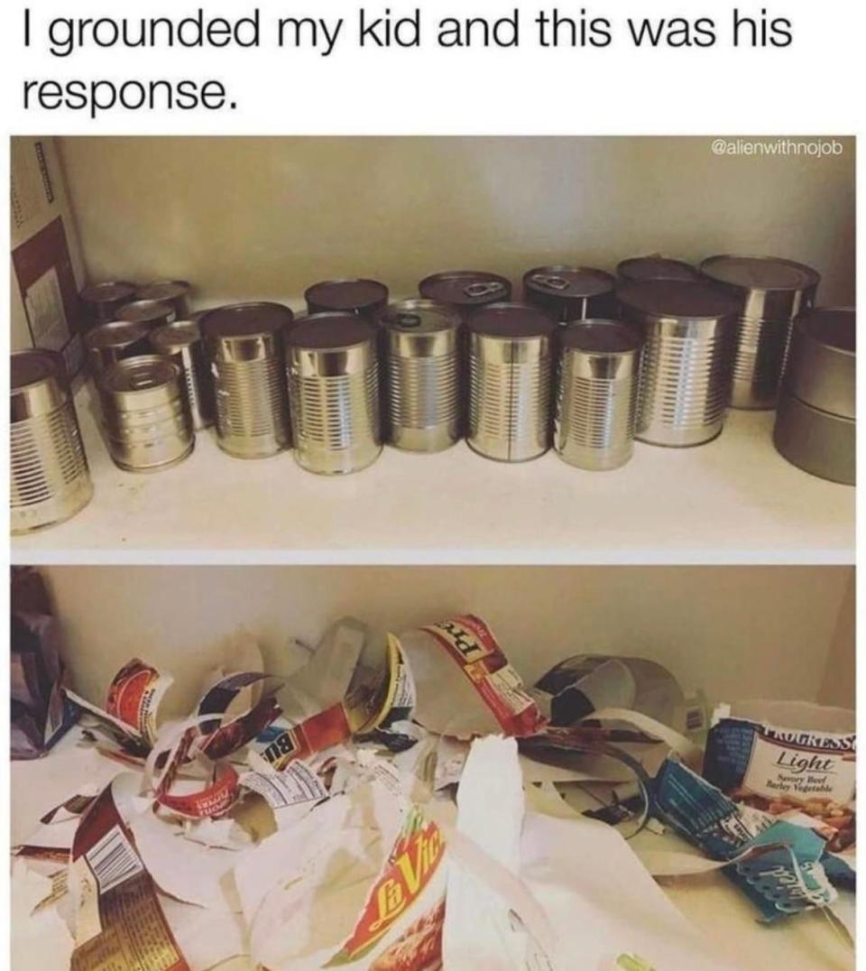 Shelf with overturned cans and scattered wrappers, joke on child's humorous reaction to being grounded