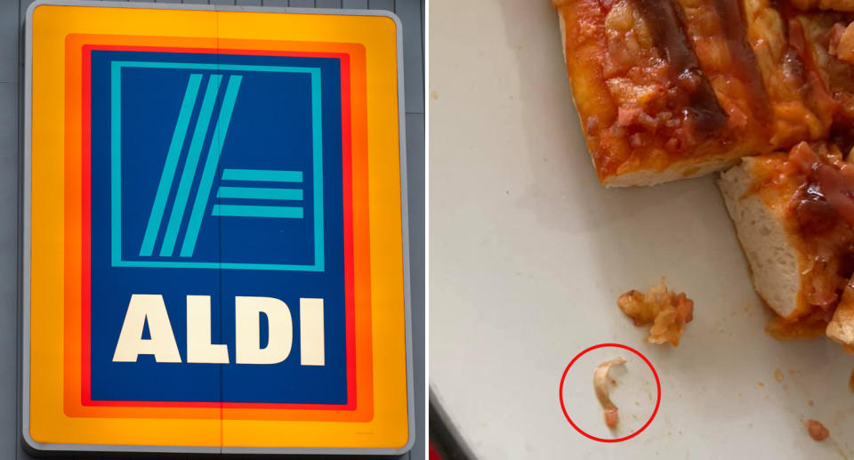 An ALDI customer shows what she suspects is a fingernail in her ALDI brand meatlovers pizza.