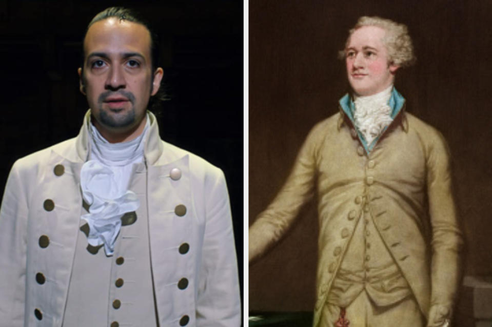 This high-collar button-down inspiration comes from Alexander Hamilton's portrait— by artist Thomas Hamilton Crawford — (on the right) with Lin-Manuel Miranda as Alexander Hamilton (left). Costume designer: Paul Tazewell