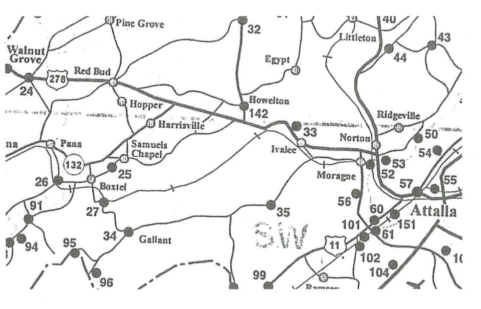 An old Etowah County map shows the community of Boxtel, northwest of Gallant.