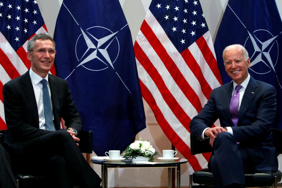 <p>Nato’s secretary-general, Jens Stoltenberg, and the then US vice-president, Joe Biden, at the annual Munich Security Conference in 2015</p>Reuters