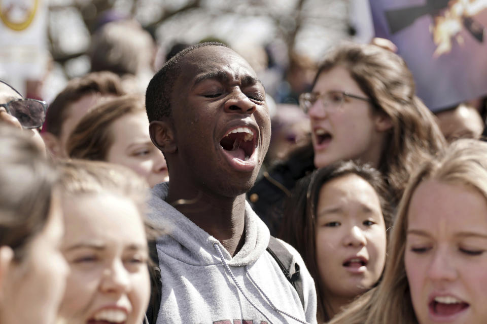 <p>Daniel Akomolafe, 16, chants in Pittsfield, Mass., during a March For Our Lives protest that drew hundreds through the small New England town, Saturday, March 24, 2018. (Ben Garver/The Berkshire Eagle via AP) </p>