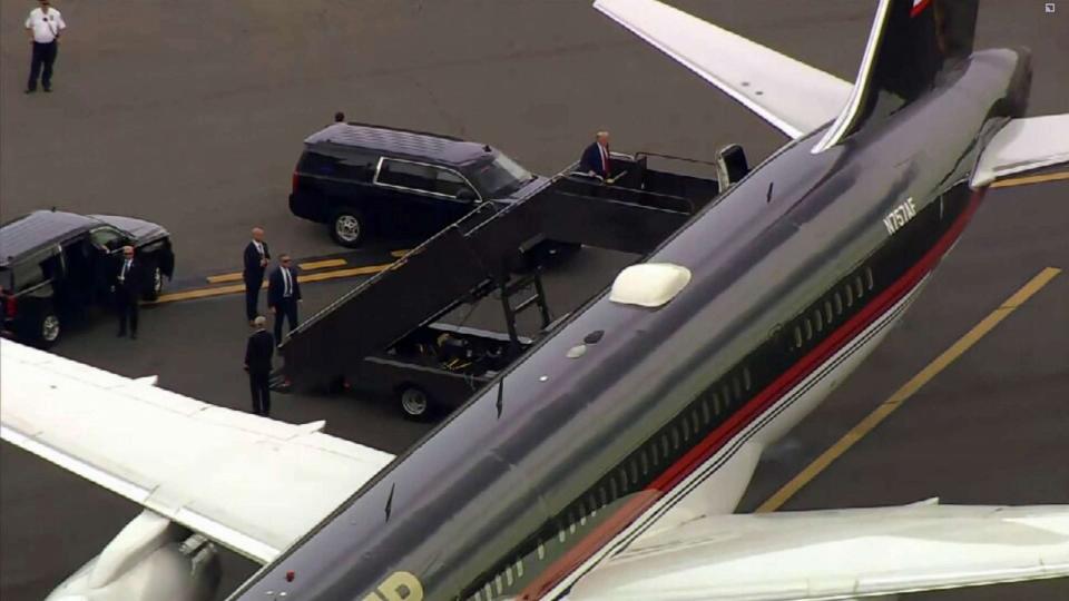 PHOTO: Former President Donald Trump leaves Newark Liberty International airport to appear in U.S. Federal Court in Washington, D.C., for his arraignment on four felony counts for his alleged efforts to overturn the 2020 election results, Aug. 3, 2023. (ABC News)