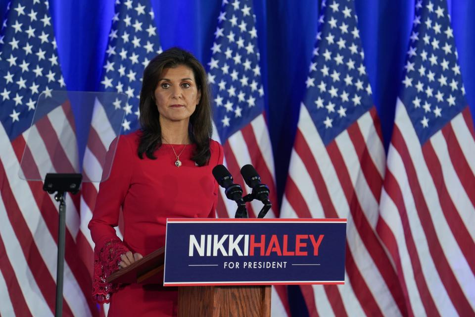Republican presidential candidate Nikki Haley announces that she is suspending her campaign, Wednesday on March 6, 2024 in Daniel Island, South Carolina. Haley doubled down on not supporting Donald Trump.