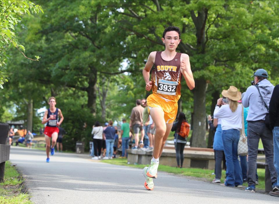 Clarkstown South's Harrison Caprara (3932) competes in the Suffern Cross Country Invitational at Bear Mountain State Park in Stony Point, New York on Saturday, September 17, 2022.