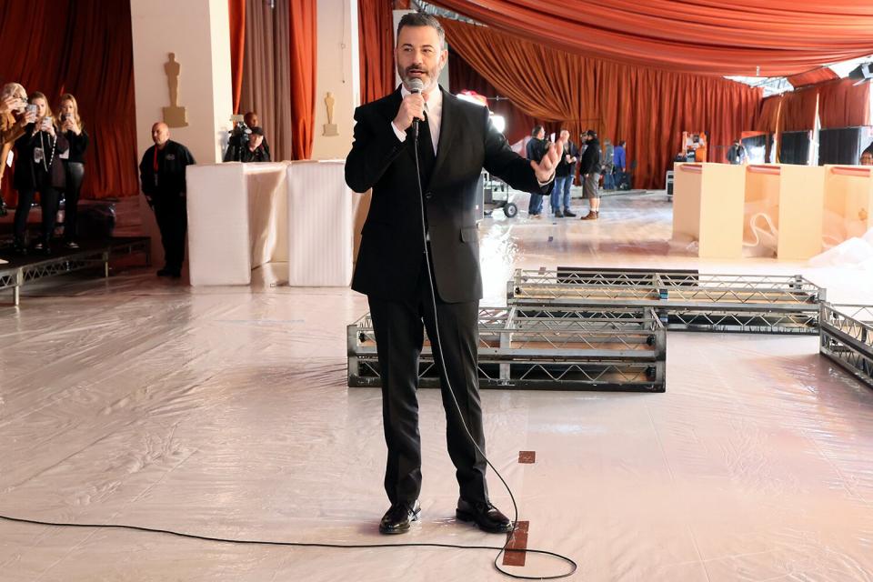 Jimmy Kimmel speaks during the 95th Oscars Arrivals Carpet Roll Out at Ovation Hollywood on March 08, 2023 in Hollywood, California.