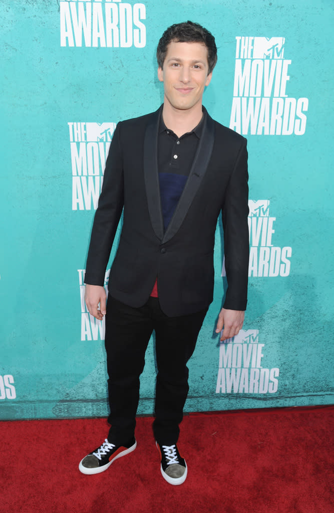 Andy Samberg arrives at the 2012 MTV Movie Awards.