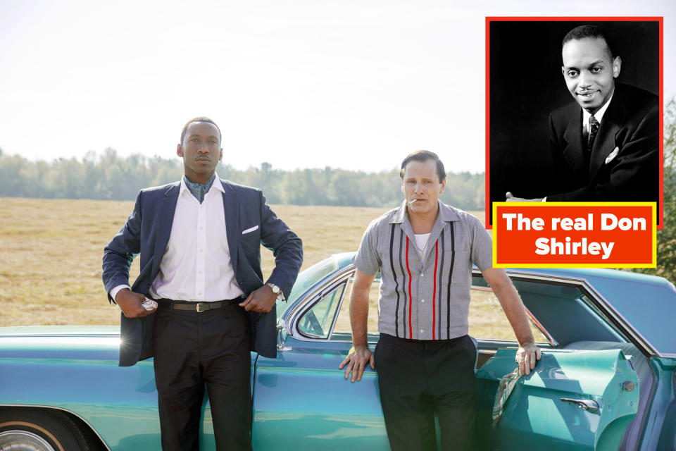 Viggo Mortensen as Tony Lip stands beside Mahershala Ali as Dr. Don Shirley in "The Green Book"