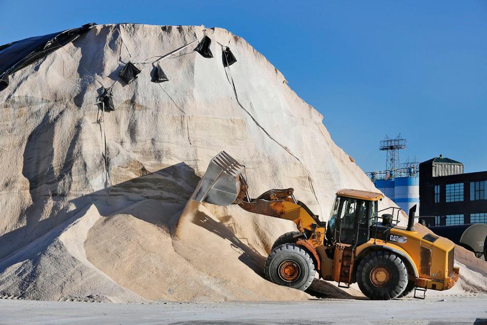 In the old Quincy Shipyard, the Atlantic Salt Company on Friday Jan. 5, 2024, has salt for area municipalities to spread on roadways.