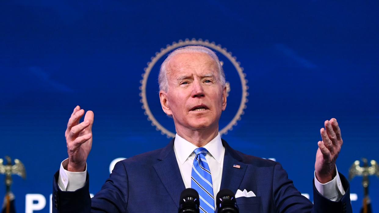 US President-elect Joe Biden delivers remarks on the public health and economic crises at The Queen theater in Wilmington, Delaware on January 14, 2021. - President-elect Joe Biden will propose injecting $1.9 trillion into the US economy when he takes office next week, as evidence mounts that the recovery from the sharp downturn caused by Covid-19 is flagging. (Photo by JIM WATSON / AFP) (Photo by JIM WATSON/AFP via Getty Images)