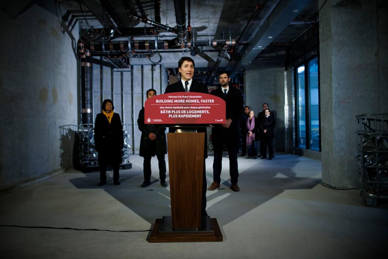 Prime Minister Justin Trudeau speaks during a press conference in an under-construction condo tower in midtown Toronto, Wednesday, April 3, 2024.  (Cole Burston/The Canadian Press - image credit)