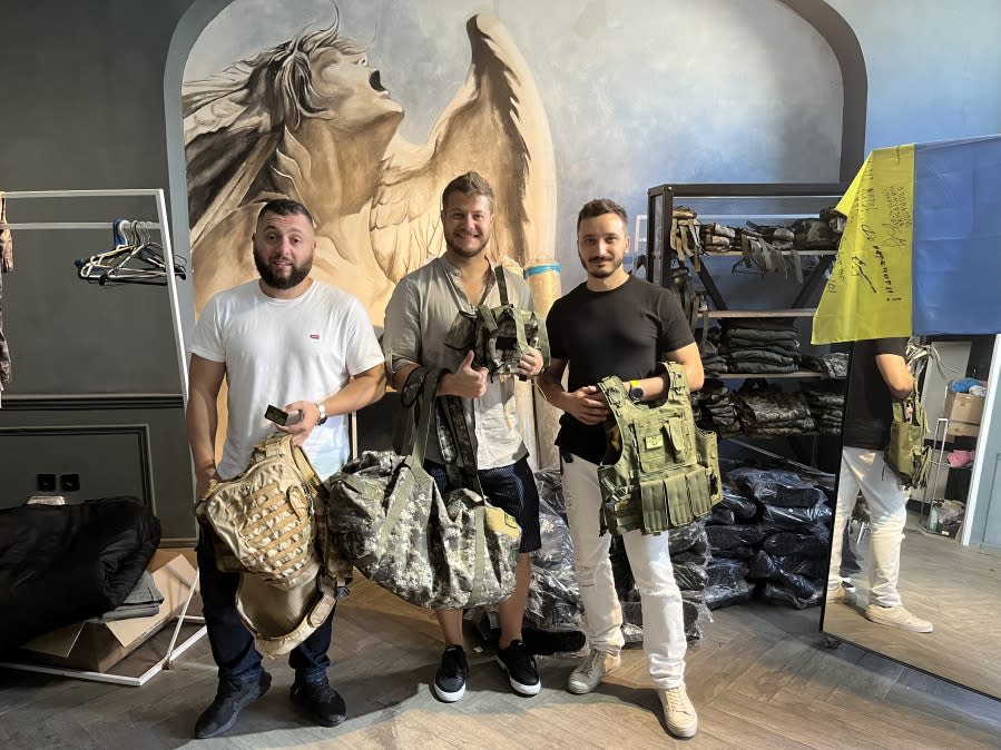 <span>L to R: Michael Mirkovich, Ivan Fotesko and Arthur Petrosjan supply military clothing to Ukrainian soldiers. (Photo: Laura Kelly/The Hill)</span>