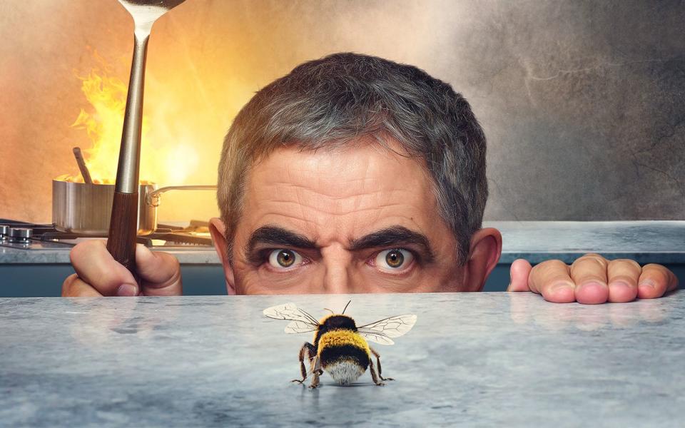 Die Biene, die vielmehr eine Hummel scheint - und der Typ (Rowan Atkinson), den sie aus der Fassung bringt. (Bild: Netflix)