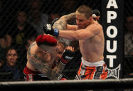 LAS VEGAS, NV - MAY 26: (L-R) Dan Hardy and Duane Ludwig exchange punches during a welterweight bout at UFC 146 at MGM Grand Garden Arena on May 26, 2012 in Las Vegas, Nevada.