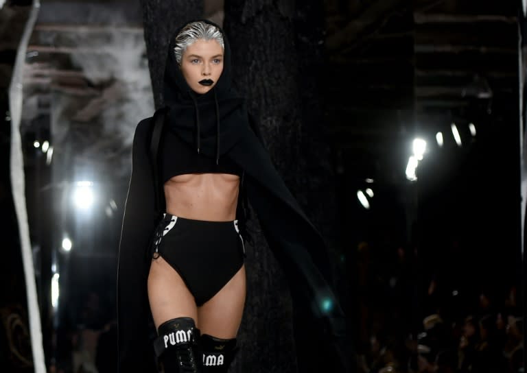 A model displays fashions during the Fenty PUMA by Rihanna show, during the Fall 2016 New York Fashion Week, on February 12, 2016